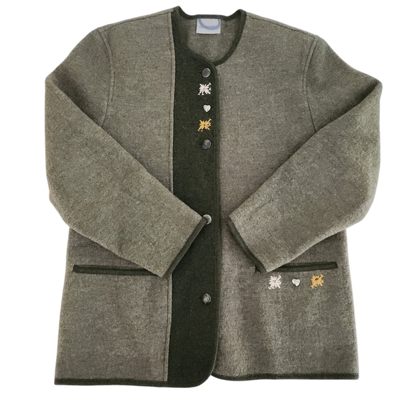 BURGFRIED Vintage Austrian Boiled Wool Cardigan  Green/Olive Embroidery  Size 38 - Picture 1 of 13